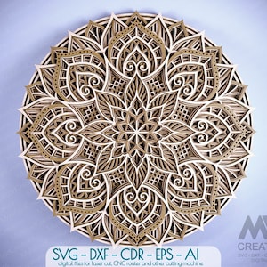 May include: A layered, circular mandala design in shades of brown, beige, and white. The intricate pattern features floral and geometric elements. The image includes text at the bottom indicating digital files for laser cutting, CNC routers, and other machines.