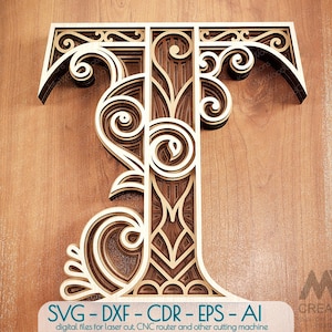 Letra T em camadas, letras em camadas SVG, letras multicamadas, letras SVG DXF, letras cortadas a laser, letras Cricut, letras Monograma Svg