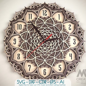 Orologio Mandala a 7 strati in formato Svg, orologio in formato Svg a 3 strati, file tagliati al laser con orologio multistrato, orologio SVG a strati, orologio Glowforge Wall art SVG - C19