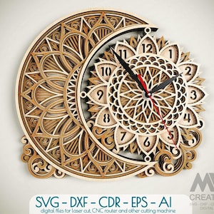 Relógio em camadas para corte a laser, Relógio de Sol e Lua SVG, Relógio 3D SVG DXF, Arquivos de corte de relógio multicamadas, Sun Moon Mandala Svg - C58