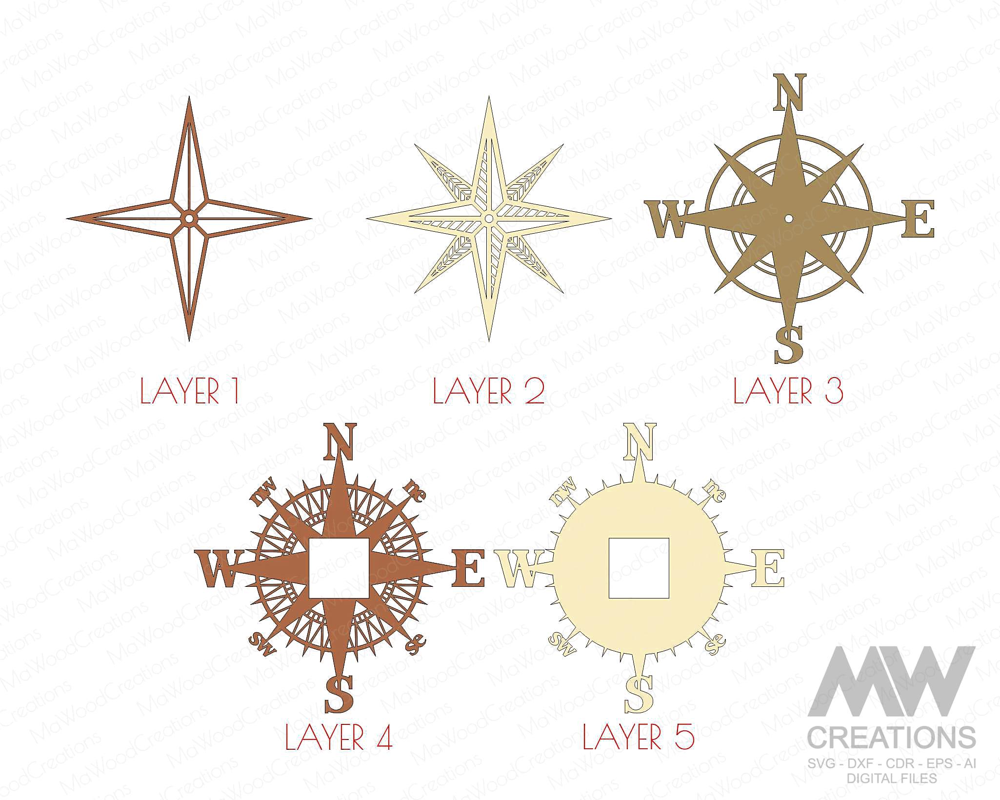 Compass Clock Svg Laser Cut Files, 3d Layered Svg Clock, Wind Rose ...