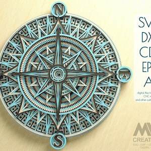 Brújula cortada con láser 3D Mandala Svg Archivos Panel multicapa, Mandala de brújula multicapa, Brújula 3d Svg, Brújula en capas Windrose Svg archivo de corte