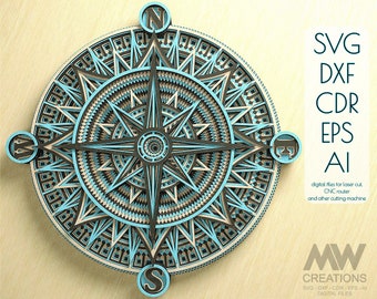 Laser cut Compass 3D Mandala Svg Files Multilayer Panel, Multi-layer Compass Mandala, 3d Svg Compass, Layered Compass Windrose Svg cut file