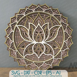 Taglio laser multistrato Lotus Flower SVG DXF, 3D Lotus Svg Mandala, file vettoriali Mandala, Flower Mandala Svg Dxf, Layered 3D Wood Art - M014a
