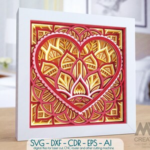 3D Svg Heart Mandala Layered template, Multilayer Heart Svg, ShadowBox Heart Paper Cut, Cricut Heart Svg, Multi-layer Heart cut bestanden - M201