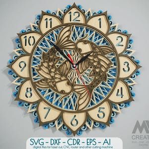 May include: A layered wooden wall clock with a koi fish design. The clock has a light wood finish with blue and brown accents. The clock face displays black hands and numbers. The clock is approximately 30 cm in diameter.