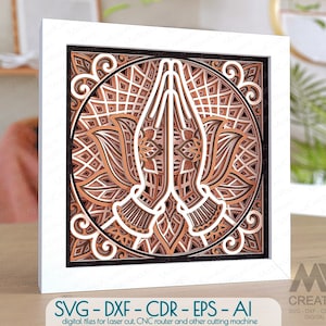 Lotus met biddende handen Mandala SVG, Namaste Mandala Svg Dxf, 3D Svg Multi-layer Yoga Mandala, Shadow Box Cricut Svg-bestand Boeddha Mandala