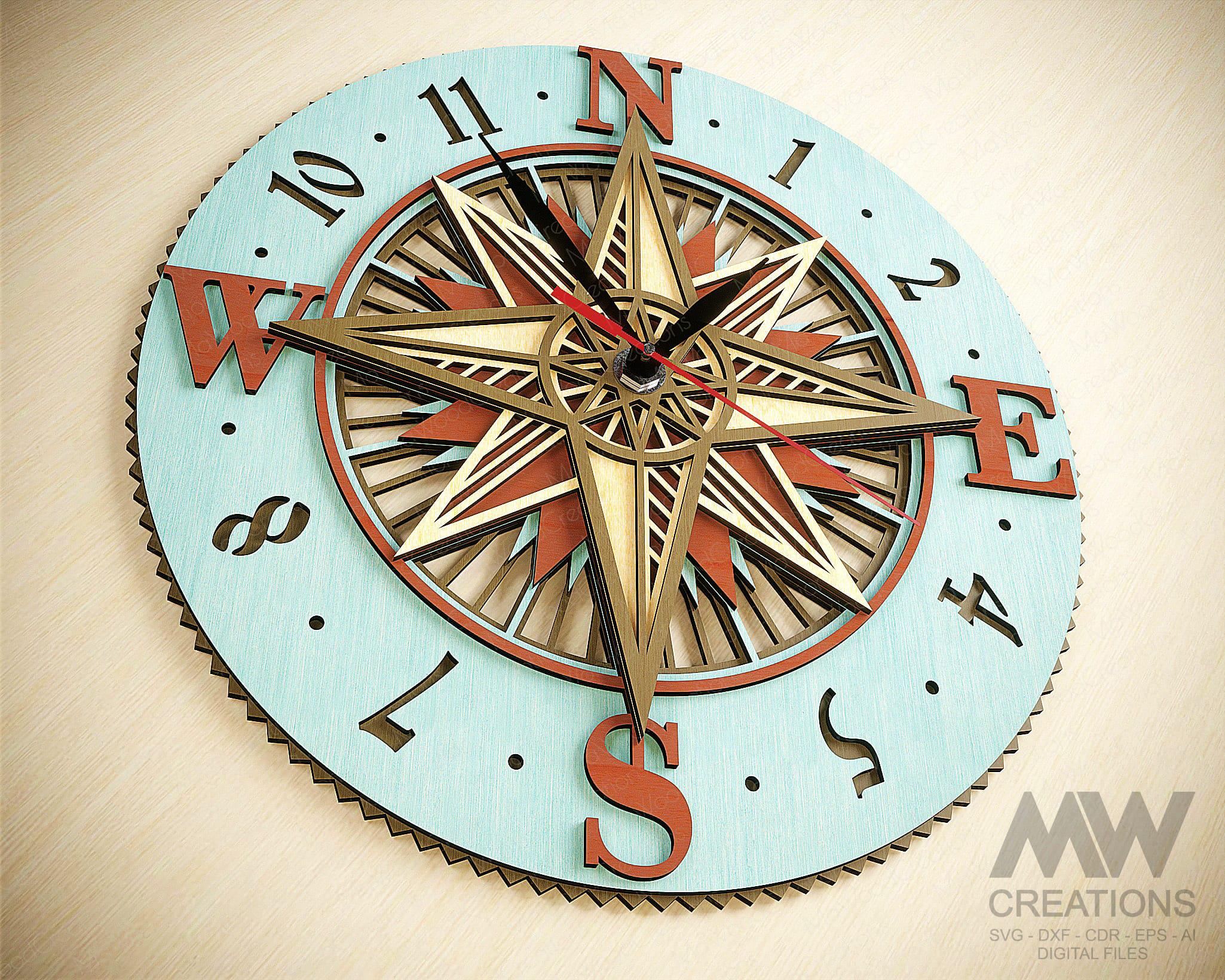 Laser Cut Compass Clock SVG Dxf, Compass Mandala Clock Svg, Mandala ...