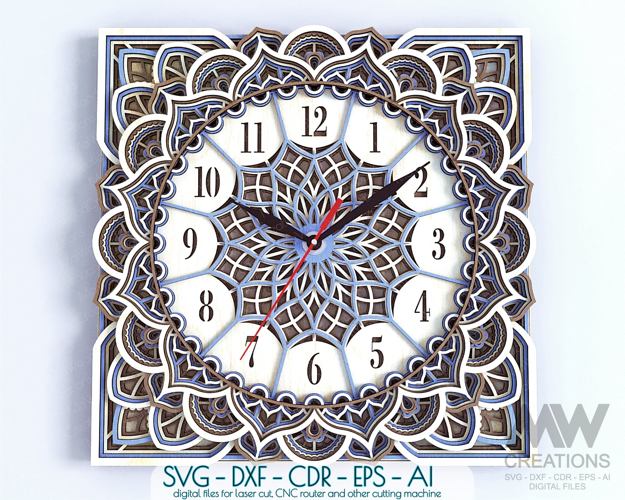 7 couches Mandala Clock Svg, 3d couche Svg Clock, Multi Layer Clock ...