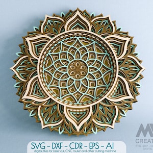 Multi couche Mandala Dxf Svg pour découpe laser, couche 3d Mandala SVG, fichiers coupés Flower Mandala, fichier Circular Mandala Svg Dxf pour découpe laser M063a