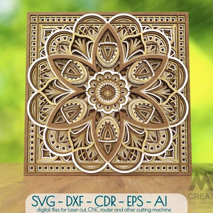 Mandala a strati tagliato al laser SVG DXF, Mandala fiore 3D SVG, file Dfx Mandala multistrato, Mandala a strati Svg Dxf, Arte in legno 3D a strati - M056a