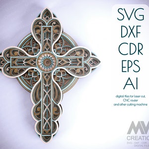 3D SVG Mandala Cross SVG, Laser cut Cross, Christian Cross SVG per Cricut, 3d Layered Glowforge Cross, Mandala religiosa Cross Svg Dxf -Cr19