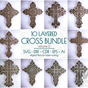 3D SVG Cross Bundle volume 2, Religieuze Mandala Cross SVG Dxf, Lasergesneden Christian Cross Bundle, Cricut Svg Cross 3d Gelaagde Glowforge Cross
