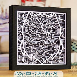 3D Uil SVG, 3D Papier Gesneden Uil Svg, Shadow Box Svg Uil Mandala Template, Cricut Uil Svg cut bestanden, Shadow Box voor Cricut -M158