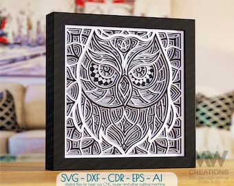 May include: Black and white geometric owl design in a black frame. The design is intricate and detailed, with a layered effect. The owl's eyes are large and round, and its beak is small and pointed. The design is perfect for laser cutting or CNC routing.