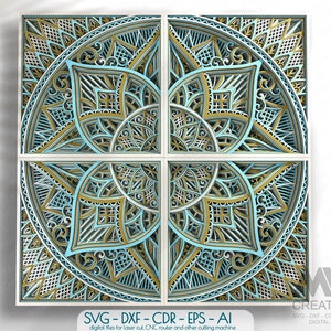 May include: A four-panel wall art piece with a layered design. The artwork features a symmetrical mandala pattern in shades of gold, light blue, and white. The design is intricate and detailed, with various geometric shapes and patterns. The artwork is framed in a white border.