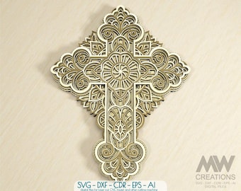 May include: A laser cut wooden cross with a detailed mandala design. The cross is intricately layered and has a delicate, intricate pattern. The design is in shades of gold and white.