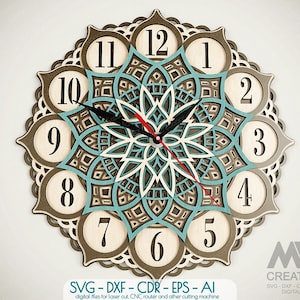 5 Layer SVG Clock cut files, Laser Cut Mandala Clock Svg Dxf, Multi Layer Clock, 3D Layer SVG Clock, Glowforge Clock Cutting File - C42