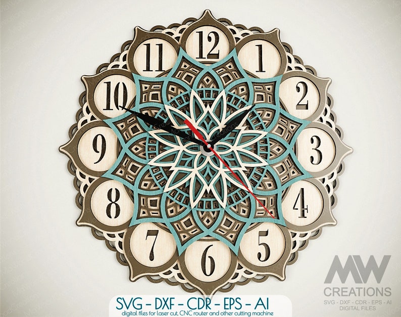 5 Layer SVG Clock Cut Files, Laser Cut Mandala Clock Svg Dxf, Multi ...