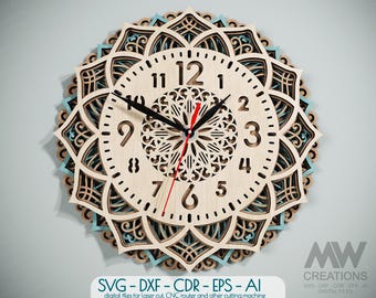 Multilayer Laser cut Сlock template, 4 Layer Clock SVG Dxf, Multilayered Clock cutting files, 3D Layer SVG Clock, Glowforge Clock Svg - C62
