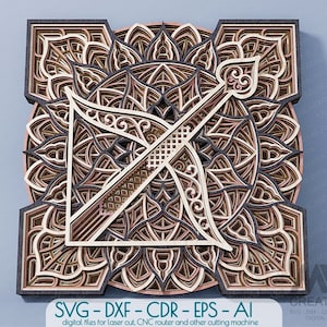 Segno zodiacale Sagittario, Mandala Sagittario multistrato, Segni zodiacali taglio laser Svg DXF, Mandala zodiacale strato 3D, Arciere multistrato Svg