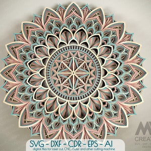 3D Mandala SVG, Laser Cut Multi layer Mandala DXF, file 3d Flower Mandala Cnc Laser, file di taglio Cricut Mandala SVG, Layered 3D Wood Art - M11