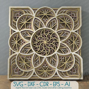 Mandala Multilayer Laser Cut Dxf Svg, Layered 3d Mandala SVG, 3d Flower Mandala coupe fichiers, Fichier en bois Mandala Svg Dxf pour Lasercut - M004a