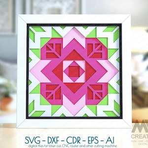 3d Quilt paper cut design, Shadow Box Rose Quilt svg, Cricut SVG fienile Quilt, 3d Layered Dutch Rose Quilt block Paper Quilt pattern - SBq09