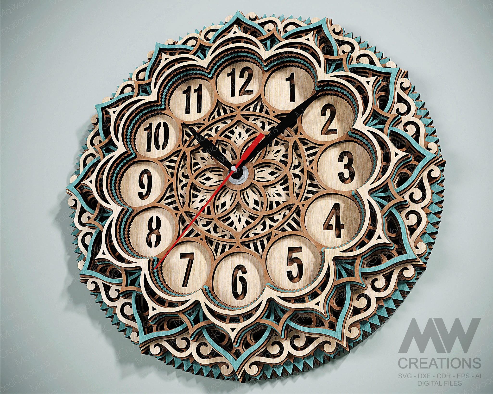 Laser Cut Clock SVG Dxf, Laser Cut Layered Mandala Clock Cutting Files ...