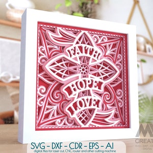 Shadow Box Cross SVG para Cricut, Faith Hope Love Cross Svg, Religious Mandala Cross SVG Dxf, arquivo de corte a laser Cross Svg Dxf, 3D SVG Cross Cr55