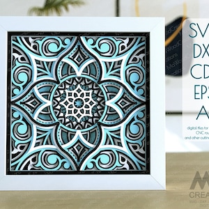 Mandala a strati 3D SVG, modello di ritaglio della carta mandala a fiori, mandala con shadowbox a strati, modello di light box 3D, shadow box di arte su carta - M260