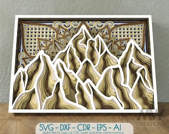 Puede incluir: Una escena de montaña de madera multicapa y multidimensional con un diseño de mandala en el fondo. Las montañas están cortadas en madera y tienen un efecto de capas, creando un aspecto 3D. El mandala también está cortado en madera y tiene un diseño delicado.