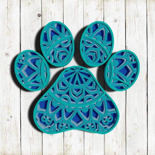 3D Dog Paw Print SVG DXF 4 Layer - Dog Svg 3D Shadow box Svg - Layered Mandala Svg files for Cricut, Laser Cut