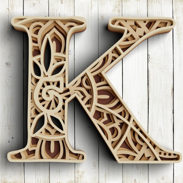 3D Layered Floral Alphabet SVG - Letter K DXF files for Plasma - 3D Mandala Svg files for Cricut, Glowforge Project
