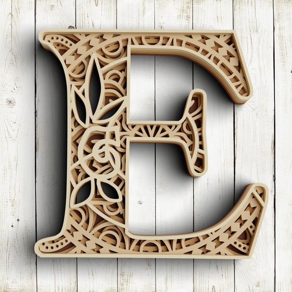 3D Layered Floral Alphabet SVG DXF - Letter E 3D Mandala for Cicut Laser Glowforge - Floral Monogram Svg Files