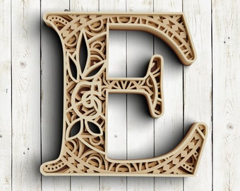 3D Layered Floral Alphabet SVG DXF - Letter E 3D Mandala for Cicut Laser Glowforge - Floral Monogram Svg Files