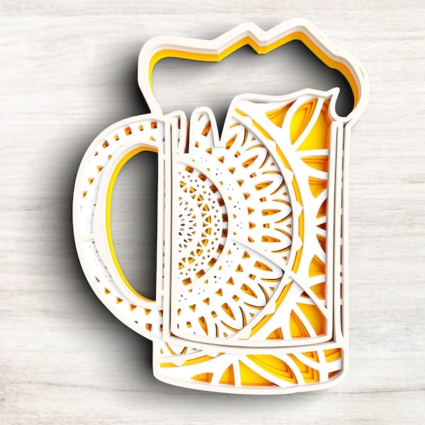 3D Beer Glass SVG DXF 5 Layer - Alcohol Svg 3D Shadow box Svg - Layered Mandala Svg files for Cricut, Laser Cut