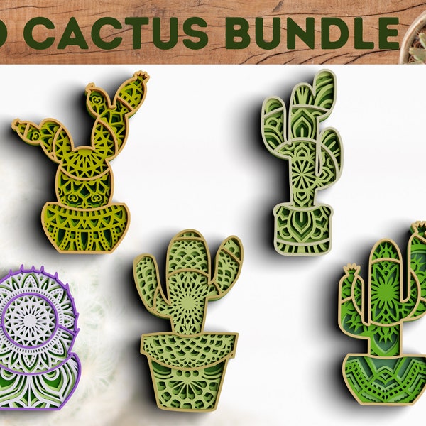 3D Cactus SVG DXF - Succulent Svg 3D Mandala Svg - Layered Mandala Svg files for Cricut, Laser Cut