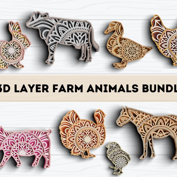 3D Farm Animals SVG DXF Bundle - Pig Svg - 3D Mandala Svg - Layered Mandala Svg files for Cricut - DXF files for Laser
