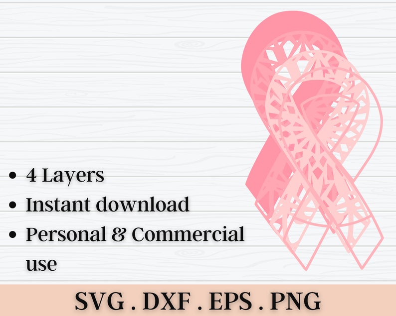 3D Layered Cancer Ribbon SVG DXF 4 Layer Awareness Svg 3D Shadow box Svg Mandala Cricut Projects, Laser Cut image 2