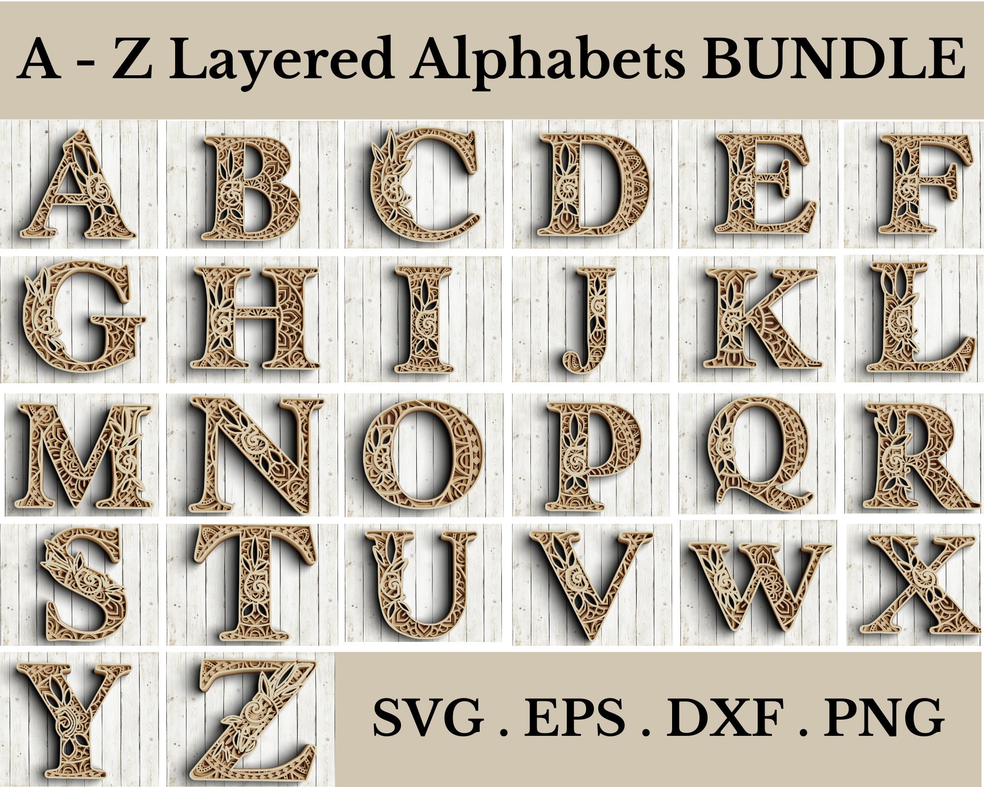 A - Z Layered Floral Alphabet SVG DXF Bundle - 3D Mandala Svg - Layer…