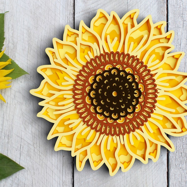 3D Sunflower SVG DXF 6 Layer - Floral Svg 3D Mandala Svg - Layered Mandala Cricut Projects, Laser Cut files