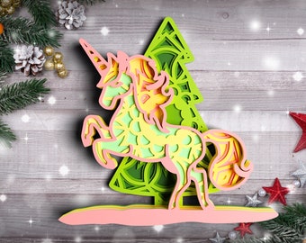 Unicorn Christmas SVG DXF, Mandala Svg, Christmas Tree Svg, Christmas Shadow Box, Christmas Laser Cut File