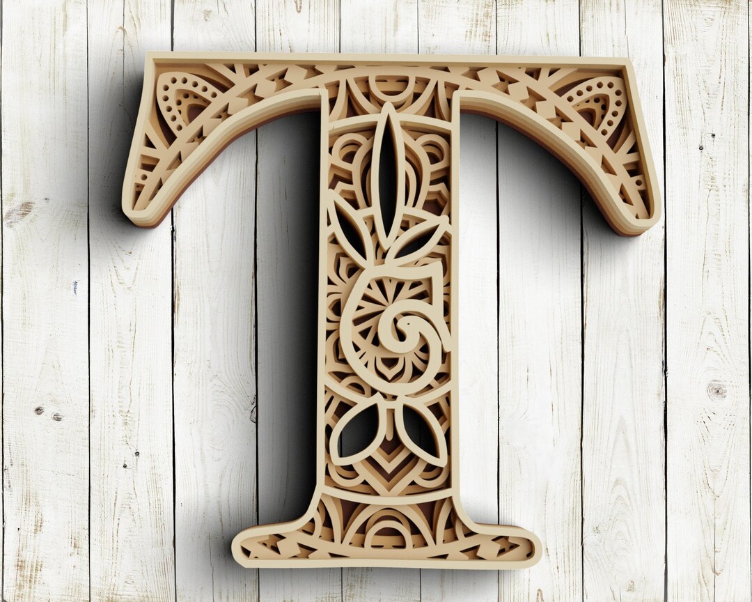 Layered Floral Alphabet SVG DXF Letter T 3D Mandala Svg - Etsy España