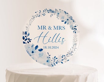 Dusky Blue Rose Wedding Acrylic Cake Topper | Personalised Wedding Cake Topper