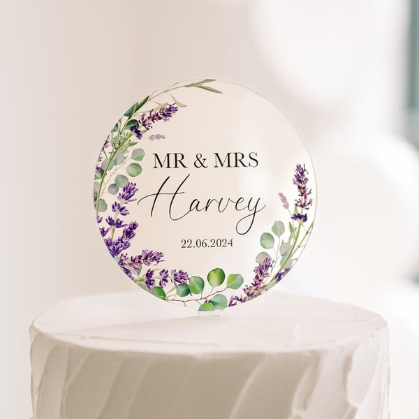 Eucalyptus and Lavender Wedding Cake Topper | Personalised Acrylic Mr & Mrs Cake Topper