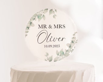 Eucalyptus Wedding Acrylic Cake Topper | Personalised Wedding Cake Topper