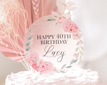 Pink Floral Themed Birthday Acrylic Cake Topper | Personalised Cake Topper