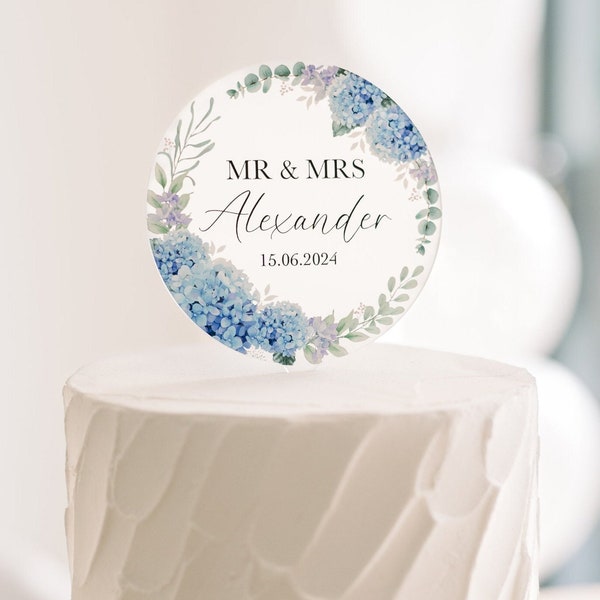 Blue Flower Hydrangea Acrylic Wedding Cake Topper | Personalised Wedding Cake Topper