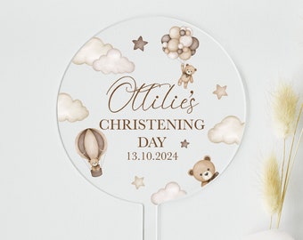 Teddy Bear Neutral Christening Cake Topper | Personalised Acrylic Christening/Baptism Decor